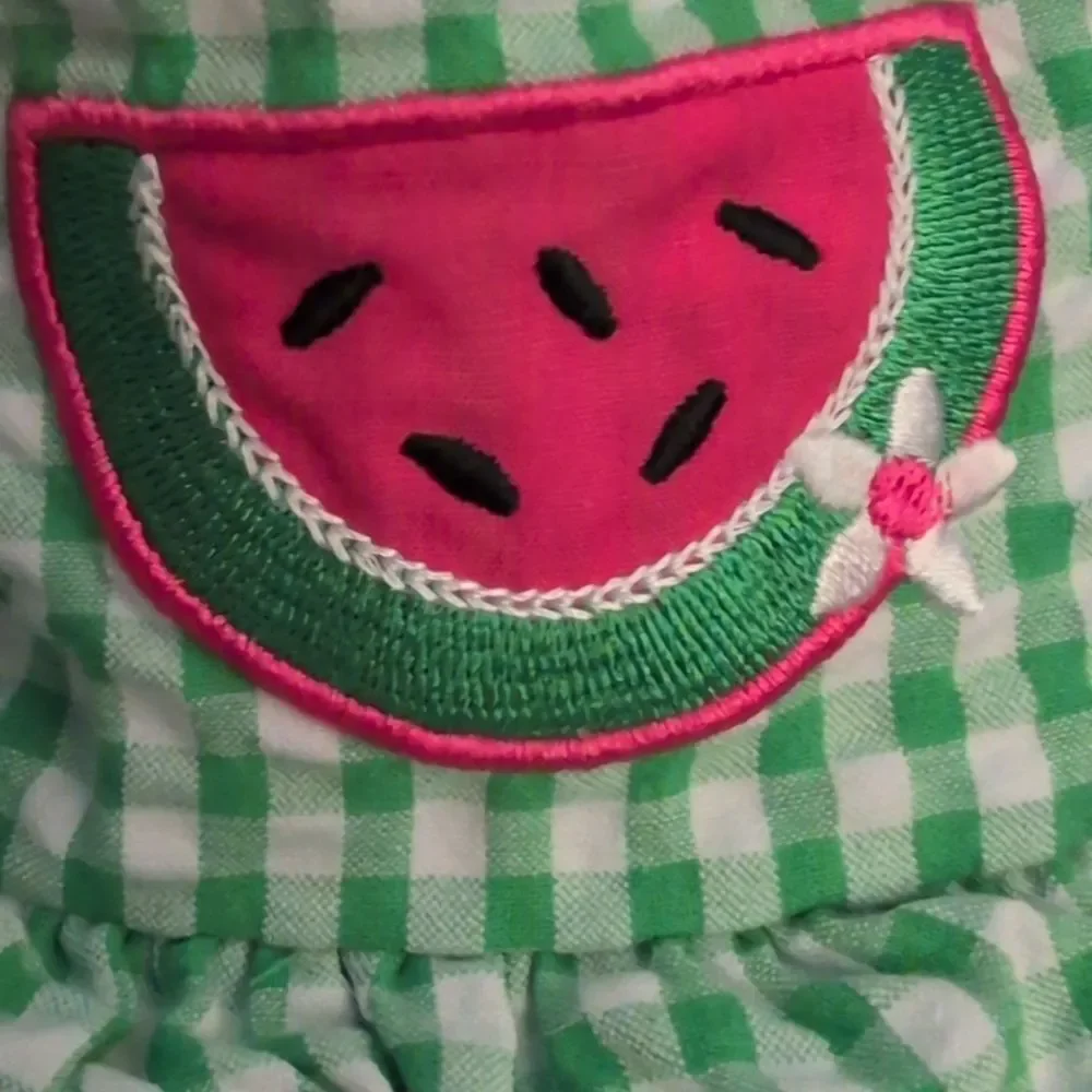 Bonnie Baby Green White Seersucker‎ Embroidered Watermelon Sundress
